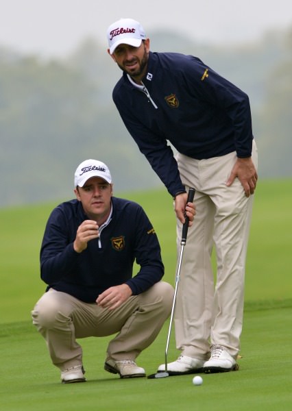 Niall Gorey and Dave O'Donovan (Muskerry) lining up their putt on the 12th green in the semi final of the AIG Barton Shield at Carton House today (17/09/2014). Picture by Pat Cashman
