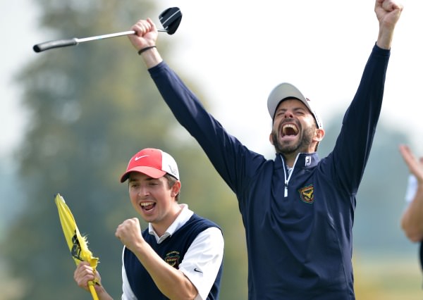 Dave O'Donovan (Muskerry) celebrate their win on the 18th green to clinch victory in the final of the AIG Barton Shield at Carton House today (18/09/2014). Picture by Pat Cashman