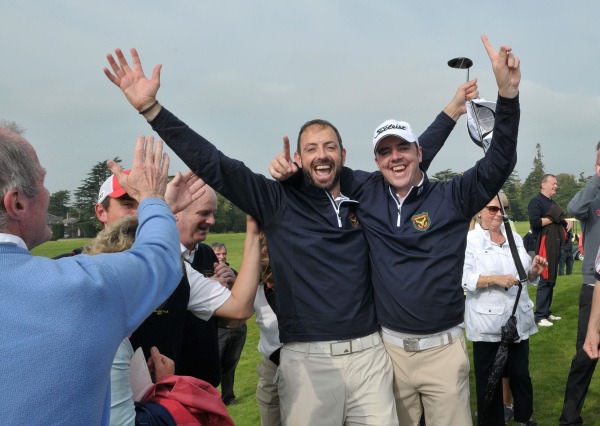 Niall Gorey and Dave O'Donovan (Muskerry) celebrate their win on the 18th green to clinch victory in the final of the AIG Barton Shield at Carton House today (17/09/2014). Picture by Pat Cashman
