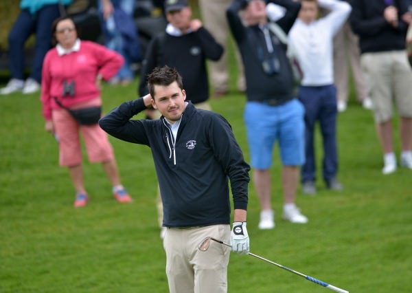 Steffan O'Hara (Co Sligo) cannot believe his chip at the 18th green did not fall in the AIG Senior Cup at Carton House today (20/09/2014). Pictures by Pat Cashman