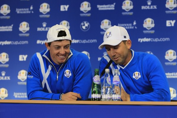 Rory McIlroy and Sergio Garcia share a hoke at the expense of Nick Faldo. Picture www.golffile.ie