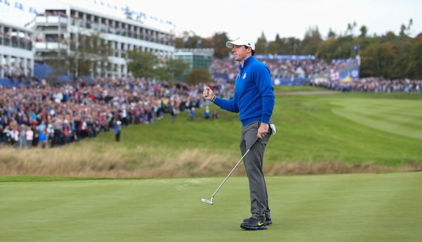 Rory McIlroy (EUR) birdies the first during Sunday's Singles at the 2014 Ryder Cup from Gleneagles, Perthshire, Scotland. Picture: David Lloyd / www.golffile.ie