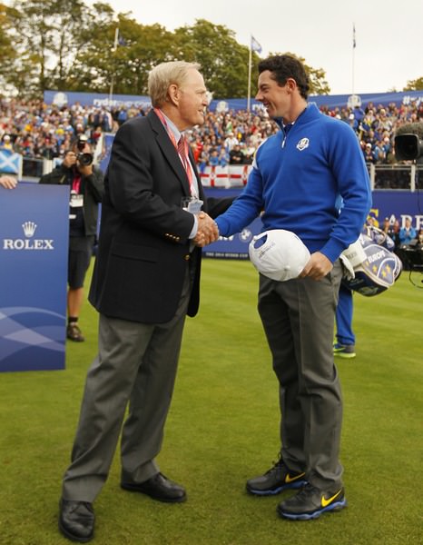 Jack Nicklaus shakes hands with Rory McIlroy (EUR) during the Sunday Singles Matches at the 2014 Ryder Cup at Gleneagles. The 40th Ryder Cup is being played over the PGA Centenary Course at The Gleneagles Hotel, Perthshire from 26th to 28th September 2014.: Picture Stuart Adams, www.golftourimages.com