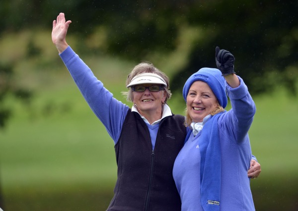 Yvonne Morrison and Bernie Carroll (Cahir Park) celebrate their win on the 20th in 2014 Miele All Ireland Ladies Interclub Fourball final to clinch victory at Naas Golf Club today (05/10/2014). Picture by Pat Cashman