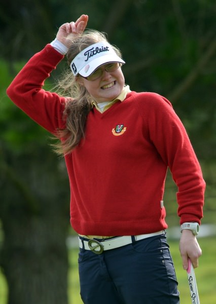 Lorna Mullally (Tuam) reacts to a missed putt on the 8th green during the 2014 Miele All Ireland Ladies Interclub Fourball final at Naas Golf Club today (05/10/2014). Picture by Pat Cashman