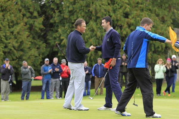 Michael McGeady congratulates Niall Kearney on his win in the Irish Professional Championship at Adare Manor. Sunday 5th October 2014. Picture: Thos Caffrey / www.golffile.ie