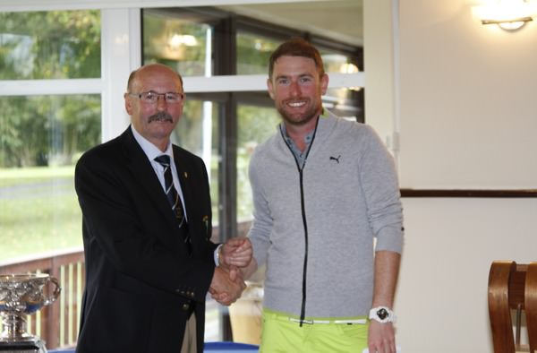 Mike Counihan (Club President, Adare Manor) presents Donal Gleeson (Old Conna) with third prize during in the 104th Irish PGA Championship at Adare Manor Golf Club on Sunday 5th October 2014. Picture: Thos Caffrey / www.golffile.ie