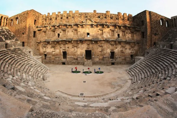 Sergio Garcia, Henrik Stenson and Lee Westwood hit balls in&nbsp;the 2,000 year-old Amphitheatre of Aspendos near Antalya. Picture ©&nbsp;Getty Images