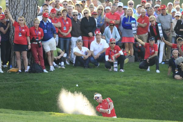 Ian Poulter splashed out to six feet at the 18th but couldn't hole the putt to force a playoff with Brooks Koepka. Picture Fran Caffrey www.golffile.ie