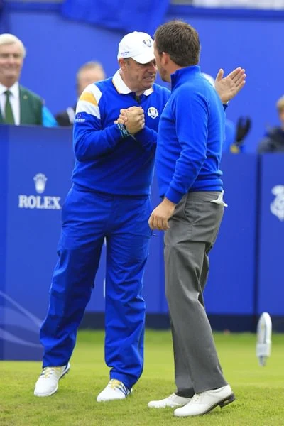 Paul McGinley gives Graeme McDowell encouragement before the singles at Gleneagles.&nbsp;Picture Eoin Clarke, www.golffile.ie