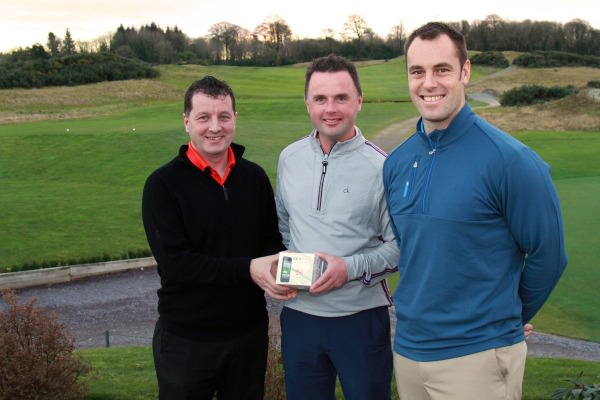 Munster PGA Captain Liam Burns presents Wayne O'Callaghan with first prize in the PGB Munster Winter Series Event, sponsored by SkyCaddie. Also pictured, Brady Sherwood, Director of Golf, Castlemartyr Resort. Picture: Niall O'Shea/CorkGolfNews