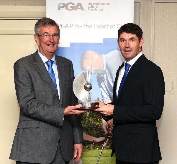Padraig Harrington receiving the PGA Recognition Award from PGA captain Neil Selwyn-Smith. Image: Tom Dulat / Getty Images