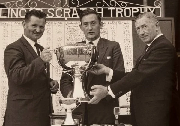 The 1964 Mullingar Scratch Trophy winner, Walker Cup player Tom Craddock, with Ray Macken (captain) and Kevin Whelehan - Picture via Westmeath Examiner