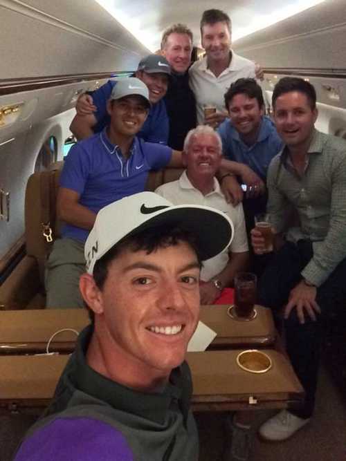 RORY AND HIS ENTOURAGE: (BACK) MICHAEL BANNON (COACH), JP FITZGERALD (CADDIE), BRAD-GEORGE SIMPSON (NIKE GOLF REP), PAUL MCVEIGH (PERSONAL CHEF). (MIDDLE) HARRY DIAMOND GERRY MCILROY AND SEAN O'FLAHERTY, JET OUT OF LOUISVILLE FOR NEW YORK CITY following his win in last year's US PGA. Picture © Twitter.com/McIlroyrory