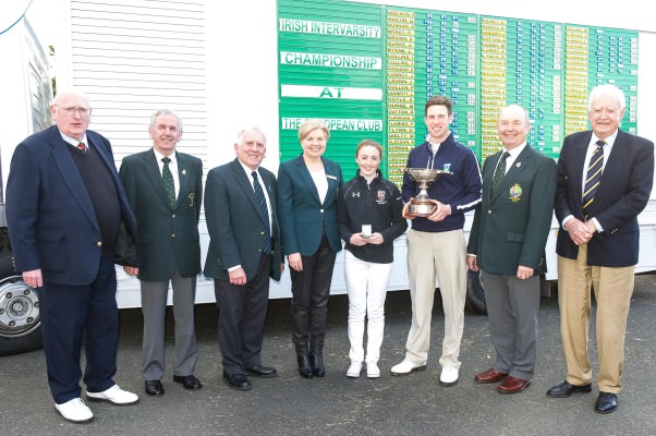 Irish Intervarsity Championship (left to right) Pat Ruddy (President The European Club), Albert Lee (GUI), John Ferriter (Chairman, Leinster Golf), Anne O'Sullivan (ILGU), ladies champion Jessica Ross (Queen's University), men's champion Alex Gleeson (UCD), Michael Connaughton (President GUI), Eddie Fallon (Captain, The European Club).