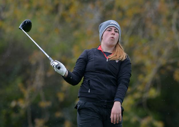 Mary Doyle (Scoil Chriost Ri, Portlaoise) driving at the 18th in the 2015 Irish Schools Senior & Junior Cup Finals at Milltown Golf Club. Picture by Pat Cashman