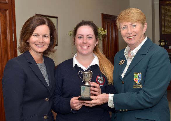 Valerie Hassett (President, Irish Ladies Golf Union) presenting Mary Doyle (Scoil Chriost Ri, Portlaoise) with the Mary Nolan Cup (Best Senior Gross) after her victory in the 2015 Irish Schools Senior & Junior Cup Finals at Milltown Golf Club today (27/04/2015). Also in the picture is Niamh McMurrough (Lady Captain, Milltown Golf Club). Picture by Pat Cashman