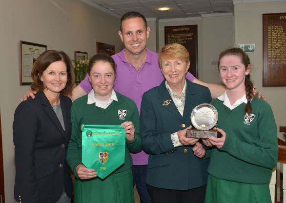 Valerie Hassett presenting Ellen O'Gorman (Muckross College, Dublin) with the Junior Cup. Also in the picture (from left) Niamh McMurrough (Lady Captain, Milltown Golf Club), Anna Foster and John McCarthy (PE Teacher). Picture by Pat Cashman