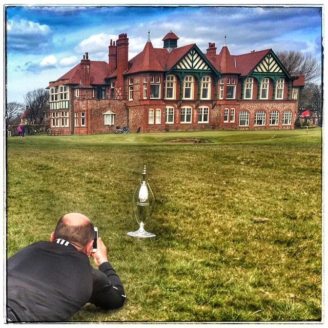 Great Britain and Ireland Walker Cup captain Nigel Edwards gets a shot of the Sputnik Trophy on Friday. Picture via Instagram/ TheOneEyedCrow