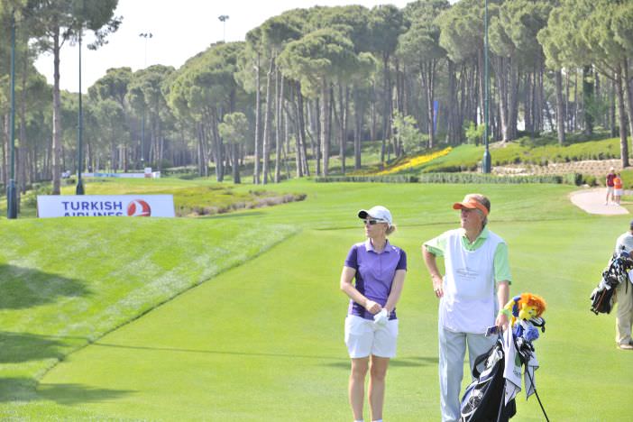 Rebecca Codd and her caddie Fred during round one of the Turkish Airlines Ladies Open at The Carya in Antalya