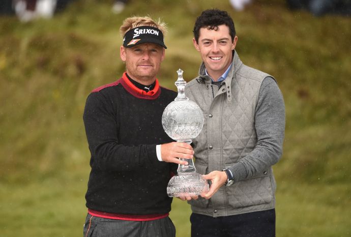 Dubai Duty Free Irish Open winner Soren Kjeldsen with Rory McIlroy and the House of Waterford crystal trophy. Picture 
