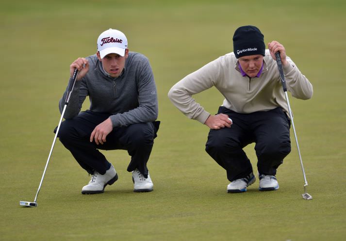 Alex Gleeson (Castle) and John Ross Galbraith (Whitehead) lining up their putts on the 9th green in the CityNorth Hotel sponsored East of Ireland Championship at County Louth Golf Club (01/06/2015). Picture by Pat Cashman