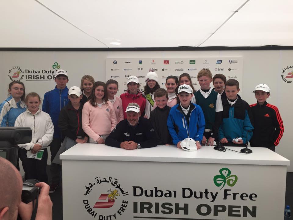 Darren Clarke at Royal County Down with the winners of the Irish Open Skills Challenge
