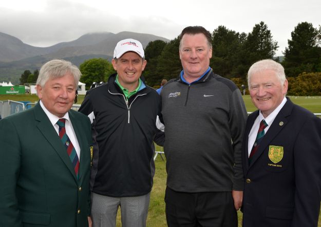 1996 Mullingar Scratch Trophy winer Peter Lawrie pictured with Brian Reidy (President, Mullingar Golf Club), Peadar Conlon (Sponsor, Mullingar Electrical) and Michael Duffy (Captain Mullingar Golf Club). The 2015 Mullingar Electrical Scratch Cup takes place on Sunday 2nd and Monday 3rd August. Picture by Pat Cashman