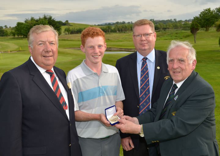 John Ferriter (Chairman, Leinster Golf) presenting John Murphy (Kinsale) with the under 18 category medal at the 2015 Leinster Youths Amateur Open Championship at Charlesland Golf Club. Also in the picture are Brendan O'Brien (President, Charlesland Golf Club) and Tony Fitzpatrick (Captain, Charlesland Golf Club). Picture by Pat Cashman