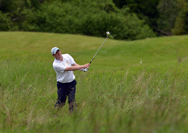 Niall Gorey (Palmerstown Stud) playing his second shot to the 5th during the first day of the 2015 Irish Mid Amateur Open Championship at New Forest Golf Club. Picture by Pat Cashman