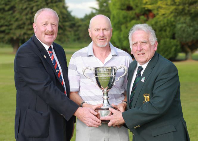 Nigel Duke,(Killiney Golf Club) winner of the Leinster Seniors Amateur Open Championship with Enniscorthy Golf club captain Tommy Cooper and Leinster Branch Chairman John Ferriter at Enniscorthy Golf Club. Picture: Ronan Lang