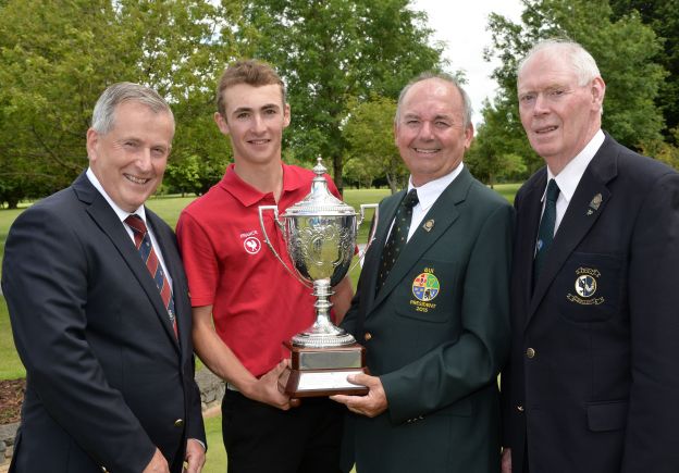 Michael Connaughton (President, GUI) presenting Adrien Pendaries (France) with the 2015 Irish Boys Amateur Open Championship trophy after his victory at Tuam Golf Club today (26/06/2015). Also in the picture are Rory O'Connor (Captain, Tuam Golf Club) and Jim McGovern (Chairman, Connacht Branch, GUI). Picture by Pat Cashman