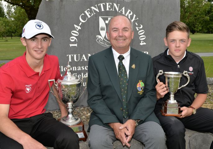 Michael Connaughton (President, GUI) pictured with Adrien Pendaries (France) after his victory in the 2015 Irish Boys Amateur Open Championship and Oliver Clarke (England) winner of the Under 17 Championship at Tuam Golf Club today (26/06/2015). Picture by Pat Cashman