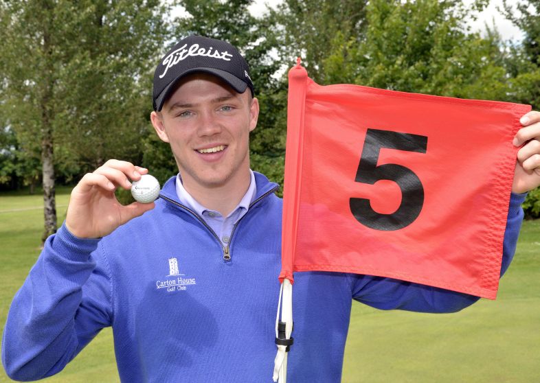 Marc Boucher (Carton House) after holing in one at the 5th hole in the final round of the 2015 Irish Boys Amateur Open Championship at Tuam Golf Club today (26/06/2015). Picture by Pat Cashman