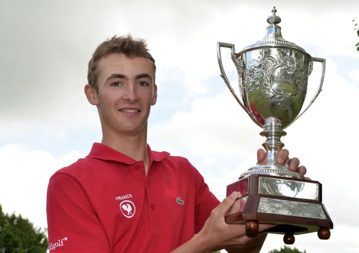 Adrien Pendaries (France) with the 2015 Irish Boys Amateur Open Championship trophy after his victory at Tuam Golf Club. Picture by Pat Cashman