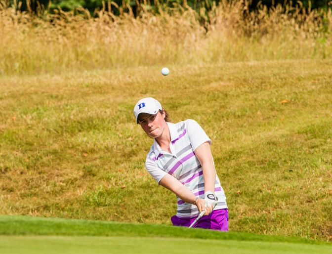 Leona Maguire splashes out of a bunker in the second round of the ISPS HANDA Ladies European Masters at Buckinghamshire. Picture: Ladies European Tour