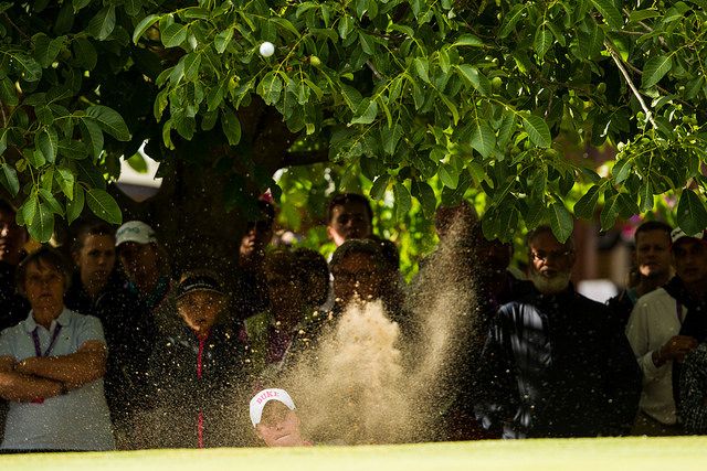 Leona Maguire blasts out at the 18th. Picture: Ladies European Tour.