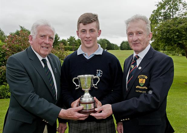 Leinster Golf Under 16 Close Championship. Jack McGarry of Rosslare pictured with John Ferriter, Chairman of Leinster Golf and Richard Moran, Captain of Ashbourne. Photo: Ronan Quinlan