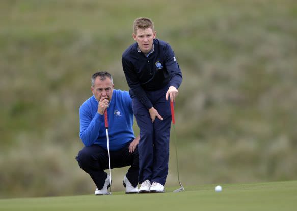 Munster's Pat Murray and Geoff Lenehan lining up a putt on the first day of the 2015 Interprovincial Championship at Rosapenna Golf Club today. Picture by Pat Cashman