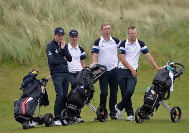 Leinster players Kevin Le Blanc, Rowan Lester, Thomas Mulligan and Paul McBride watching other matches during the second day of the 2015 Interprovincial Championship at Rosapenna Golf Club today (07/07/2015). Picture by Pat Cashman