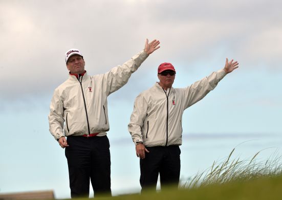 Ulster Team management Colm Murphy and Shane Magee directing ball spotters during the second day of the 2015 Interprovincial Championship at Rosapenna Golf Club. Picture by Pat Cashman