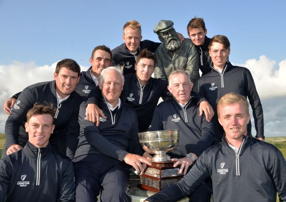 Old Tom and the Young guns. Seamus McParland (Team Captain) and Jerome Clancy (Team Manager) with the victorious Leinster Team (from left) Rowan Lester, Richard Bridges, Alan Lowry, Paul McBride, Jeff Hopkins, Conor O'Rourke, Kevin Le Blanc and Thomas Mulligan surround the statue of Old Tom Morris at the 2015 Interprovincial Championship at Rosapenna Golf Club today (08/07/2015). Picture by Pat Cashman