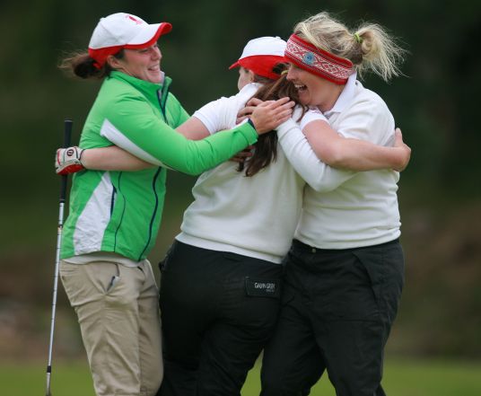 Ulster team mates Lisa Maguire, Niamh Ward and Tara Gribben celebrate after they had won ILGU the Interprovincial championship title at Wexford Golf Club yesterday. Picture: Ronan Lang
