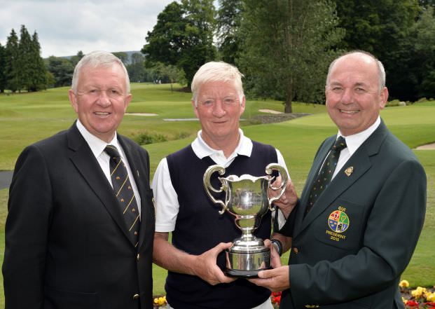 Michael Connaughton (President, Golfing Union of Ireland) presenting Maurice Kelly (Naas) with the Irish Seniors Amateur Close Championship trophy after his victory at Grange Golf Club. Also in the picture is Paul Muldowney (Captain, Grange Golf Club). Picture by Pat Cashman