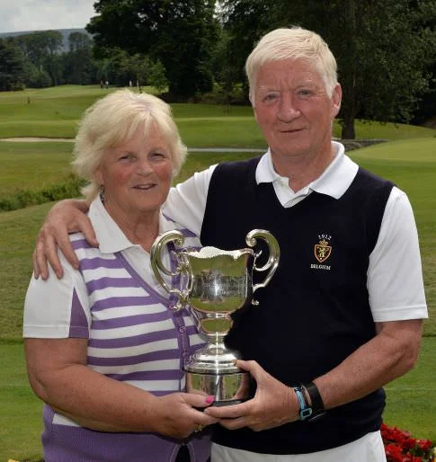 Winner Maurice Kelly (Naas) with his wife Ann after his victory at the Irish Seniors Amateur Close Championship at Grange Golf Club. Picture by Pat Cashman