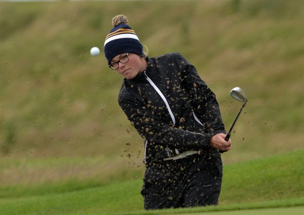 Annabel Wilson (Lurgan) bunkered at the 15th green in the final of the 2015 Irish Girl's Close Amateur Championship at Galway Bay Golf Club (18/07/2015). Picture by Pat Cashman