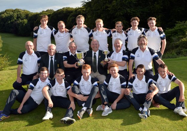 Leinster on the Double: Michael Connaughton (President, Golfing Union of Ireland) presenting John McGrath (Captain, Under 18) and Kevin Raftery (Captain, Under 16) with their trophies after their victory at the Boys Interprovincial Championship at Athlone Golf Club today (23/07/2015). Also in the picture is John Ferriter (Chairman, Leinster Golf), John Cullen (Manager Under 18) and Henry Lee (Manager Under 16) and both team members. Picture by Pat Cashman