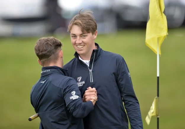 Kevin Le Blanc and Marc Boucher (Leinster) celebrate their one hole win in the foursomes on the 18th green during the third day of the Boys Interprovincial Championship. Picture by Pat Cashman