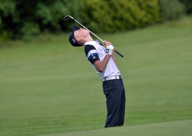 Jack Doherty (Leinster) reacts to his chip on the final green during the third day of the Boys Interprovincial Championship Picture by Pat Cashman