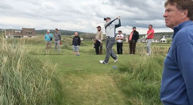 Keith Egan drives on the 15th in the quarters-finals